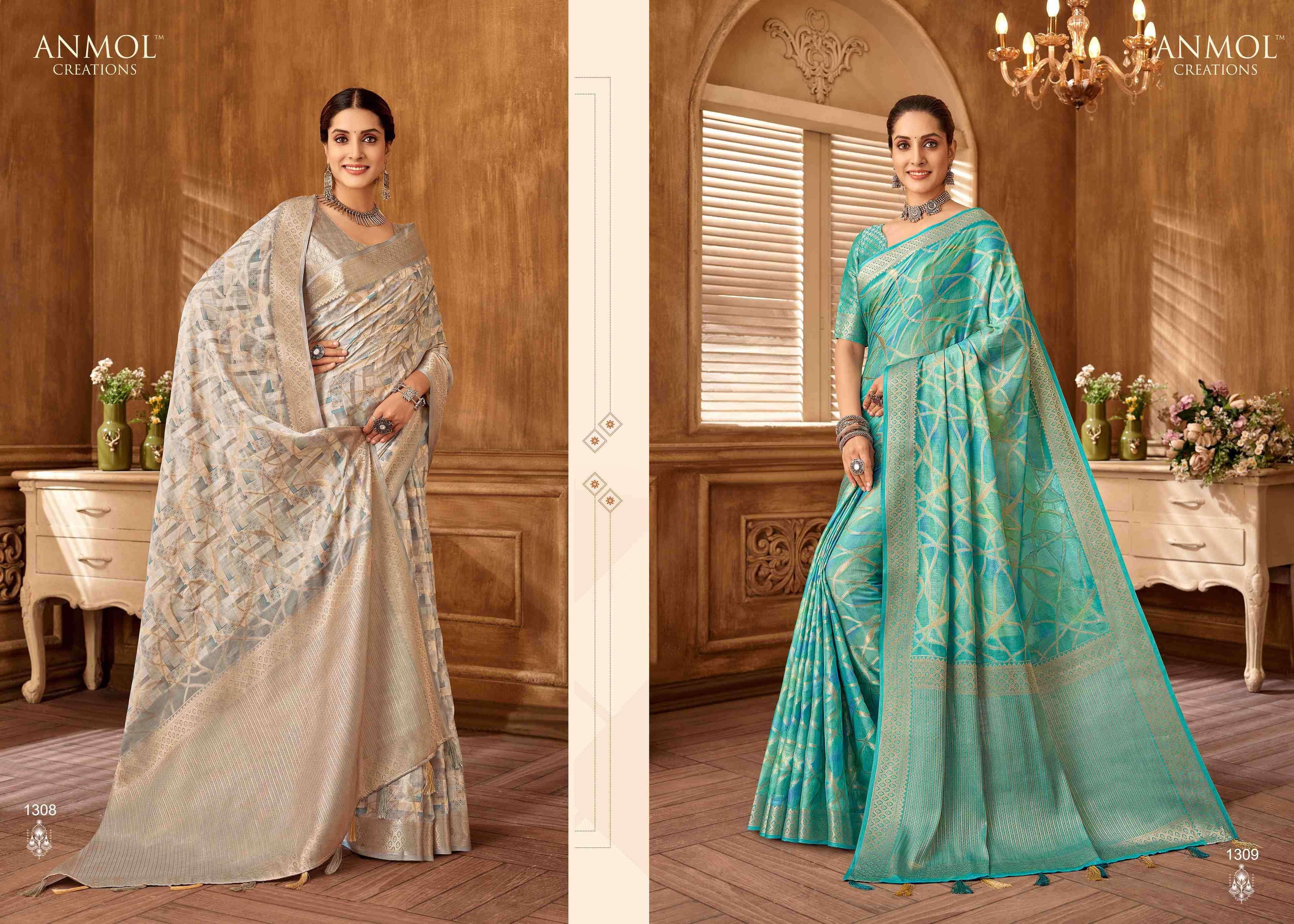 ANMOL CREATION PRESENTS TULIP VOL-13 1301-1310 MUSLIN SILK TRADITIONAL SAREES CATALOG WHOLESALER AND EXPORTER 