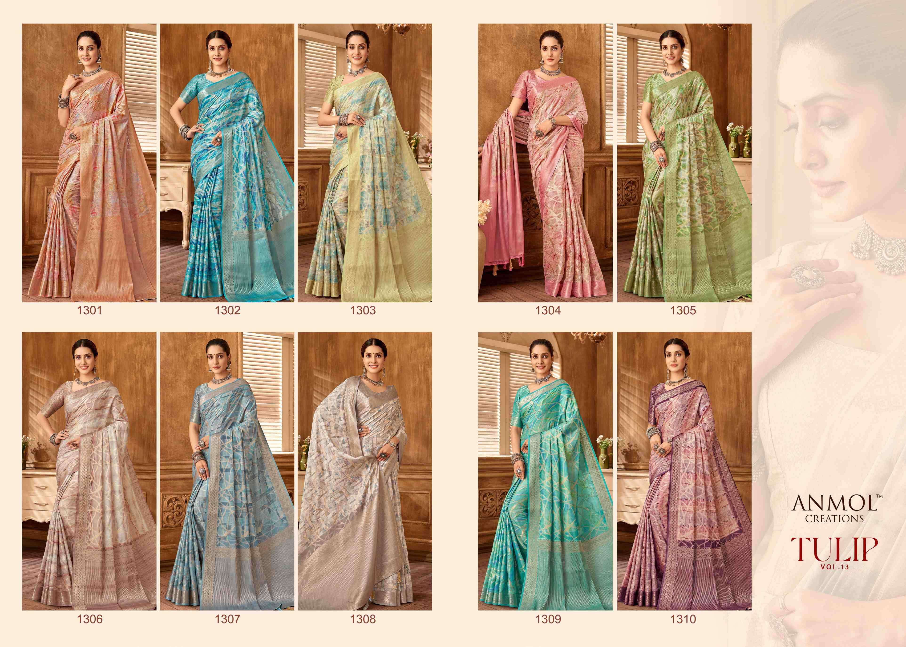 ANMOL CREATION PRESENTS TULIP VOL-13 1301-1310 MUSLIN SILK TRADITIONAL SAREES CATALOG WHOLESALER AND EXPORTER 
