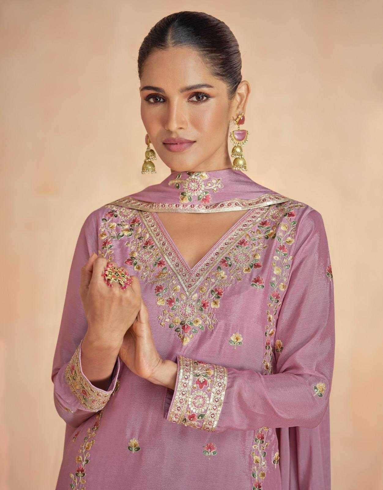 ASHIRWAD CREATION PRESENTS RINAAZ CHINON SILK CLASSIC READYMADE PLAZZO STYLE SUIT CATALOG WHOLESALER AND EXPORTER 
