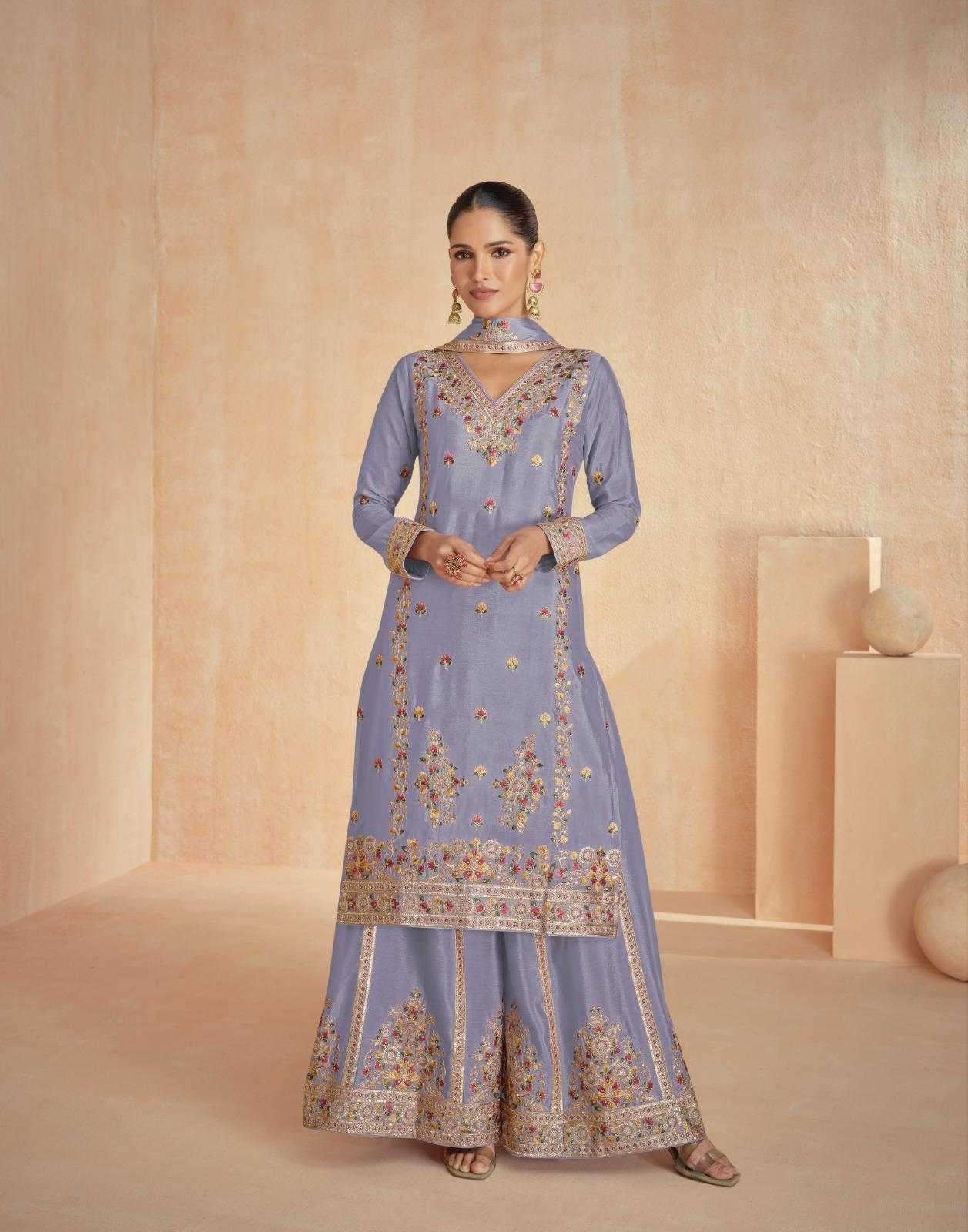 ASHIRWAD CREATION PRESENTS RINAAZ CHINON SILK CLASSIC READYMADE PLAZZO STYLE SUIT CATALOG WHOLESALER AND EXPORTER 