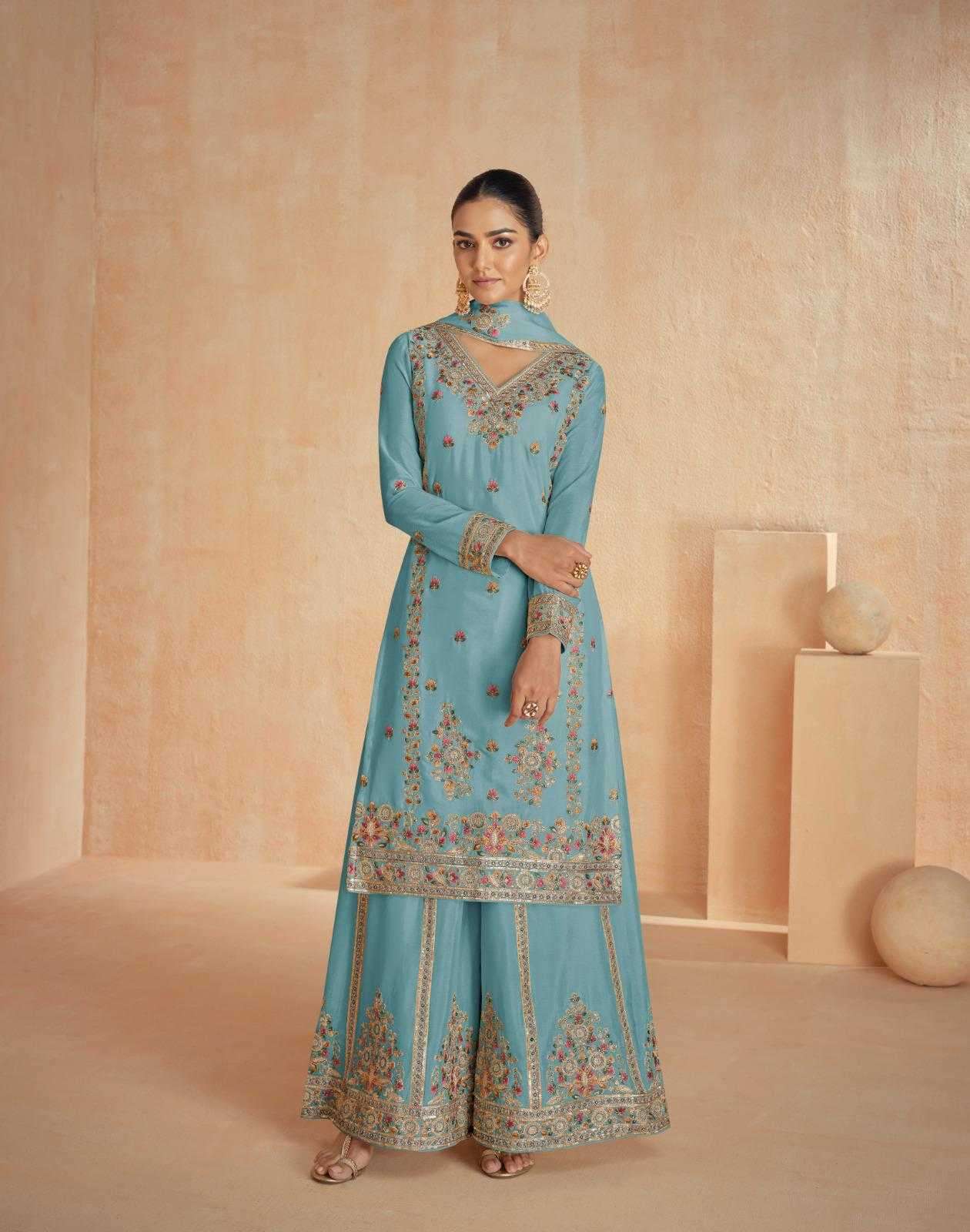 ASHIRWAD CREATION PRESENTS RINAAZ CHINON SILK CLASSIC READYMADE PLAZZO STYLE SUIT CATALOG WHOLESALER AND EXPORTER 