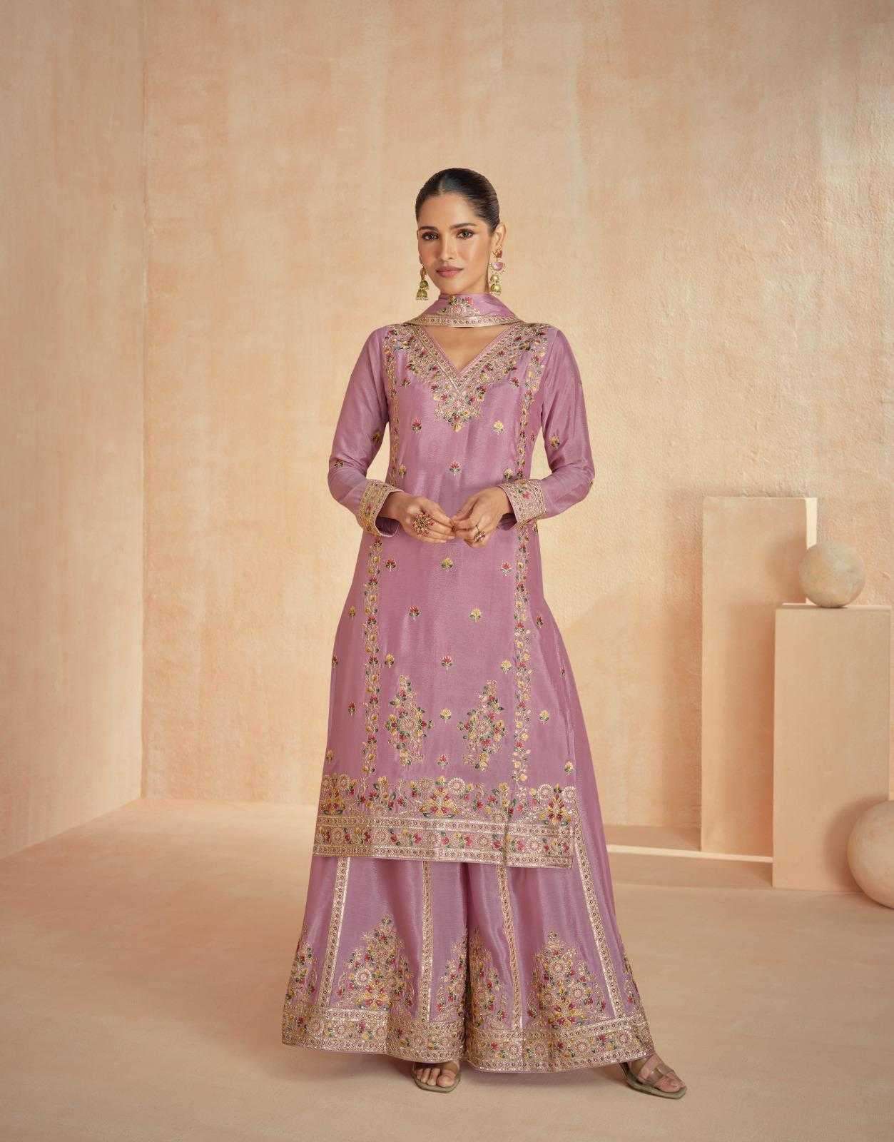 ASHIRWAD CREATION PRESENTS RINAAZ CHINON SILK CLASSIC READYMADE PLAZZO STYLE SUIT CATALOG WHOLESALER AND EXPORTER 