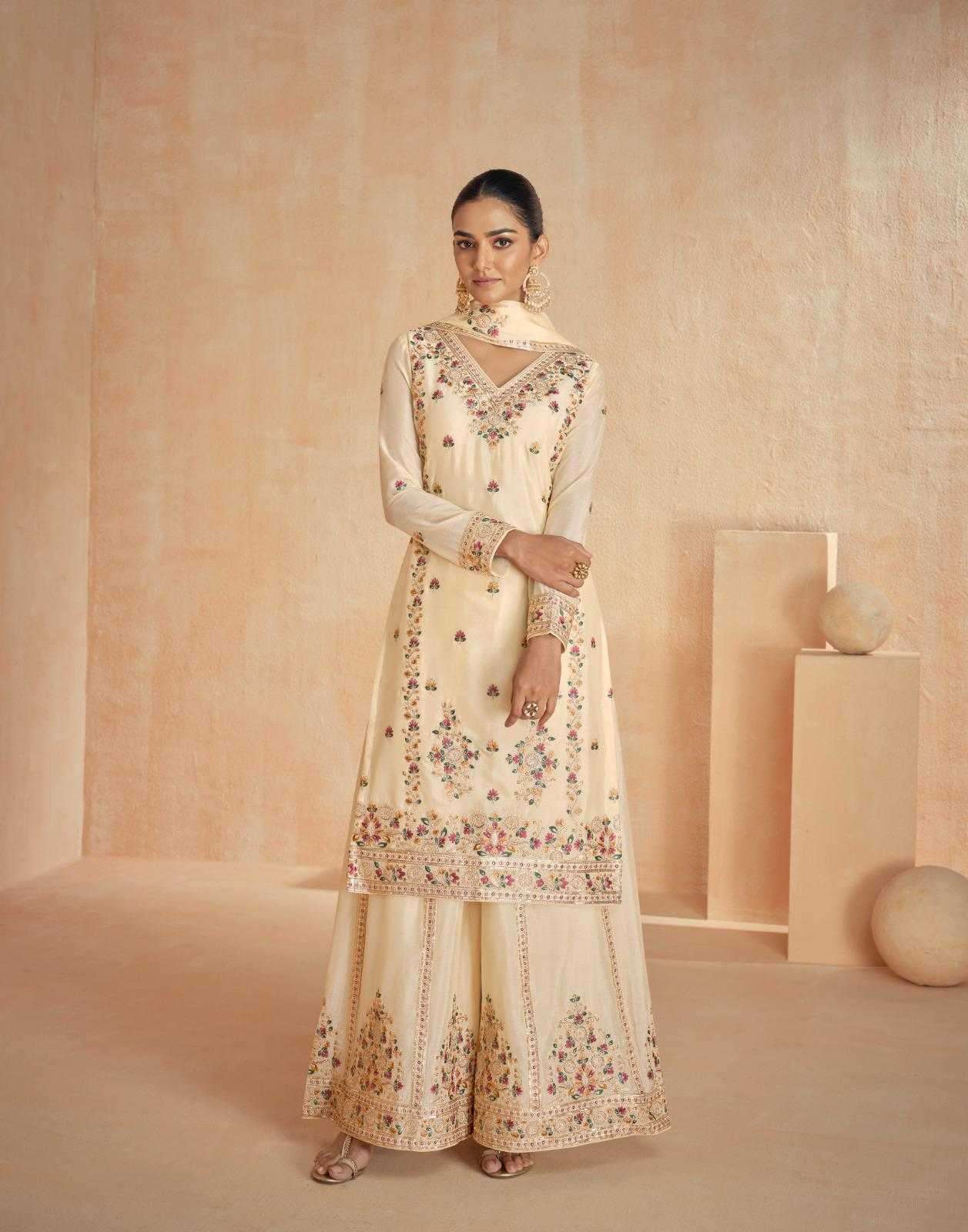 ASHIRWAD CREATION PRESENTS RINAAZ CHINON SILK CLASSIC READYMADE PLAZZO STYLE SUIT CATALOG WHOLESALER AND EXPORTER 