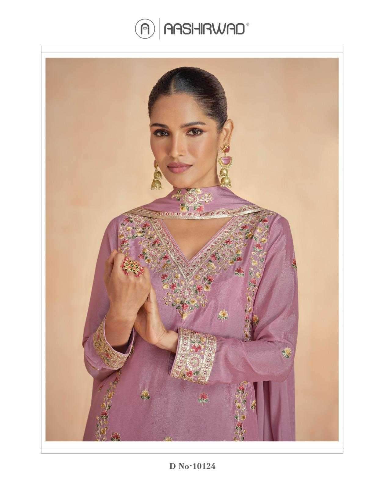 ASHIRWAD CREATION PRESENTS RINAAZ CHINON SILK CLASSIC READYMADE PLAZZO STYLE SUIT CATALOG WHOLESALER AND EXPORTER 