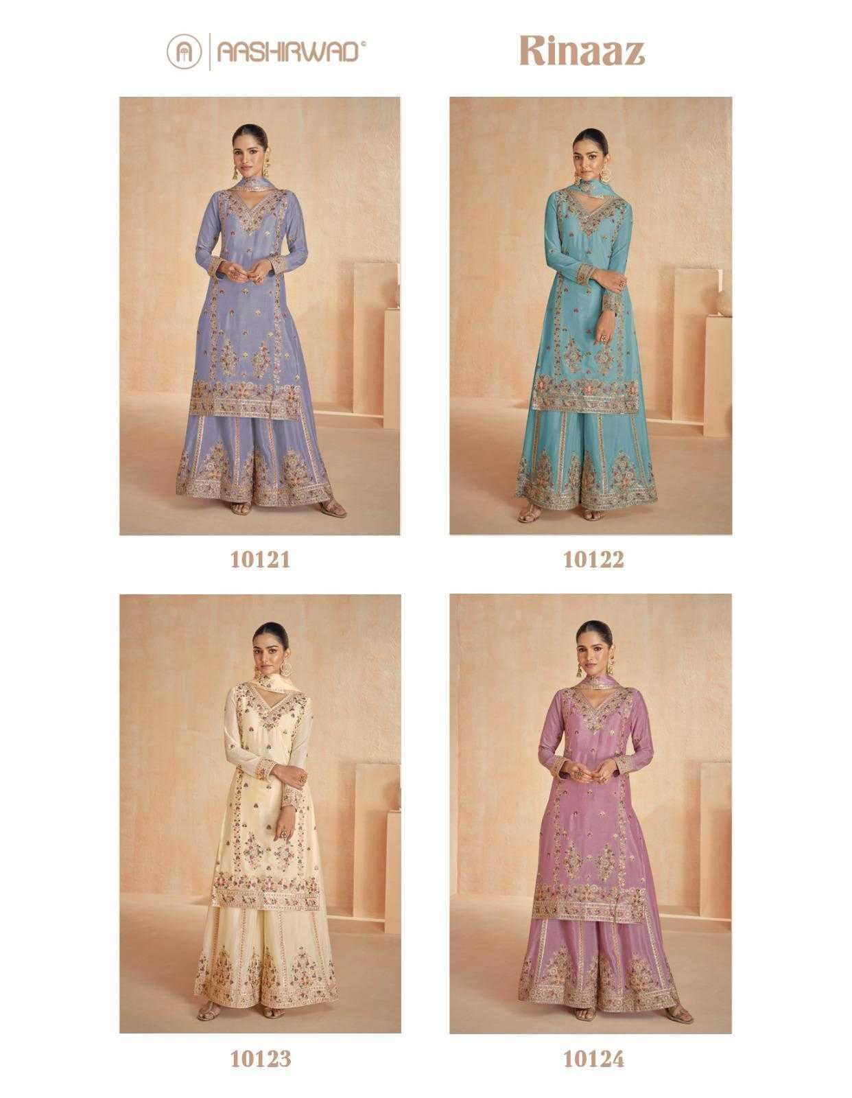 ASHIRWAD CREATION PRESENTS RINAAZ CHINON SILK CLASSIC READYMADE PLAZZO STYLE SUIT CATALOG WHOLESALER AND EXPORTER 