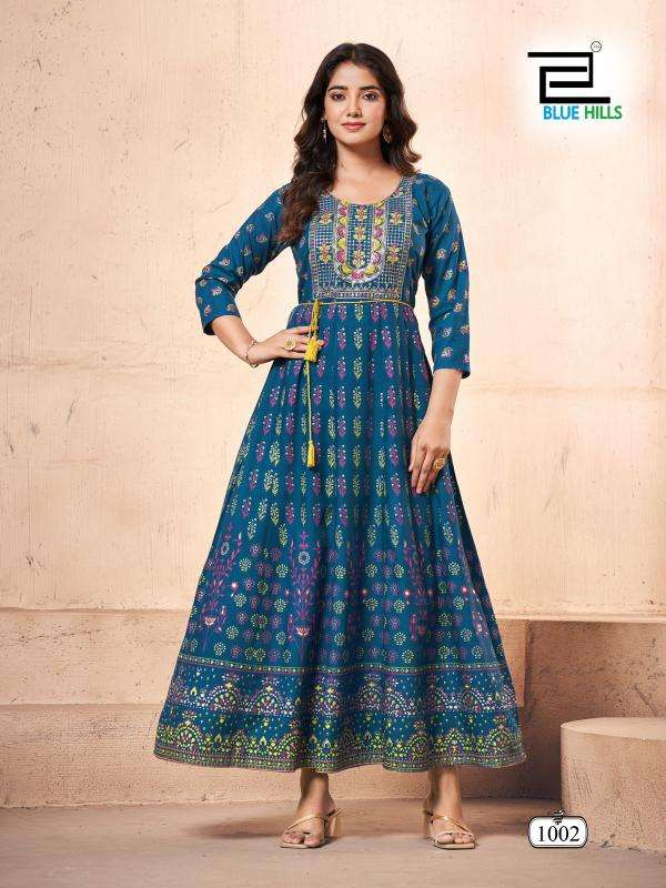 BLUE HILLS PRESENTS FESTIVAL PRO MAX RAYON READYMADE PLUS SIZE ANARKALI GOWN STYLE KURTIS CATALOG WHOLESALER 