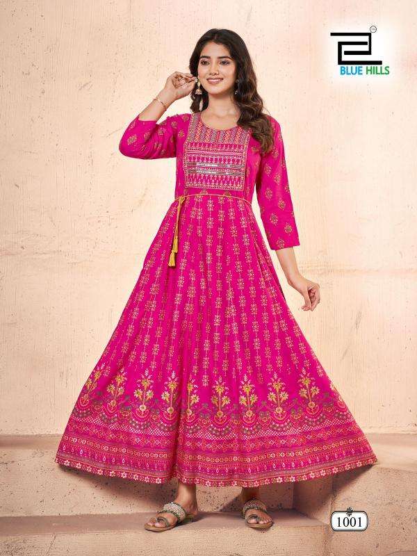 BLUE HILLS PRESENTS FESTIVAL PRO MAX RAYON READYMADE PLUS SIZE ANARKALI GOWN STYLE KURTIS CATALOG WHOLESALER 