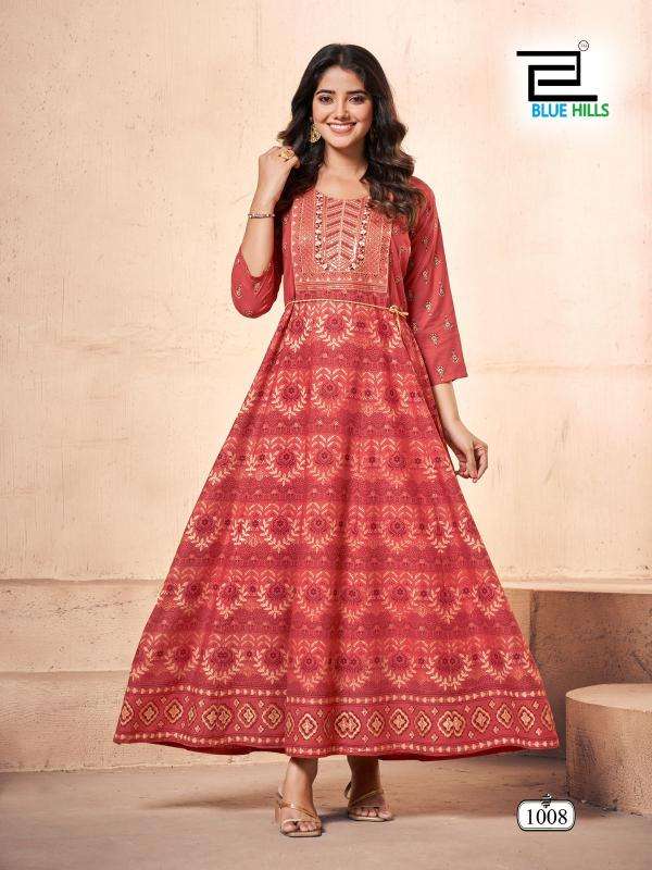 BLUE HILLS PRESENTS FESTIVAL PRO MAX RAYON READYMADE PLUS SIZE ANARKALI GOWN STYLE KURTIS CATALOG WHOLESALER 
