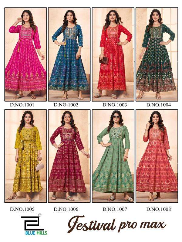 BLUE HILLS PRESENTS FESTIVAL PRO MAX RAYON READYMADE PLUS SIZE ANARKALI GOWN STYLE KURTIS CATALOG WHOLESALER 