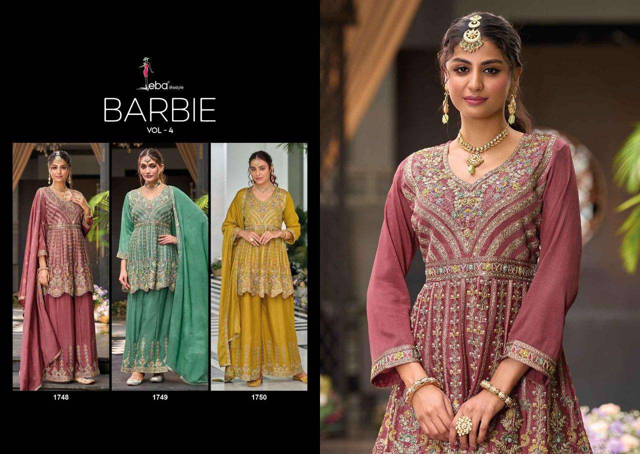 EBA LIFESTYLE PRESENTS BARBIE VOL-4 CHINON EMBROIDERY READYMADE LADIES SUITS CATALOG WHOLESALER AND EXPORTER 