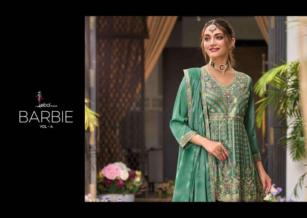 EBA LIFESTYLE PRESENTS BARBIE VOL-4 CHINON EMBROIDERY READYMADE LADIES SUITS CATALOG WHOLESALER AND EXPORTER 