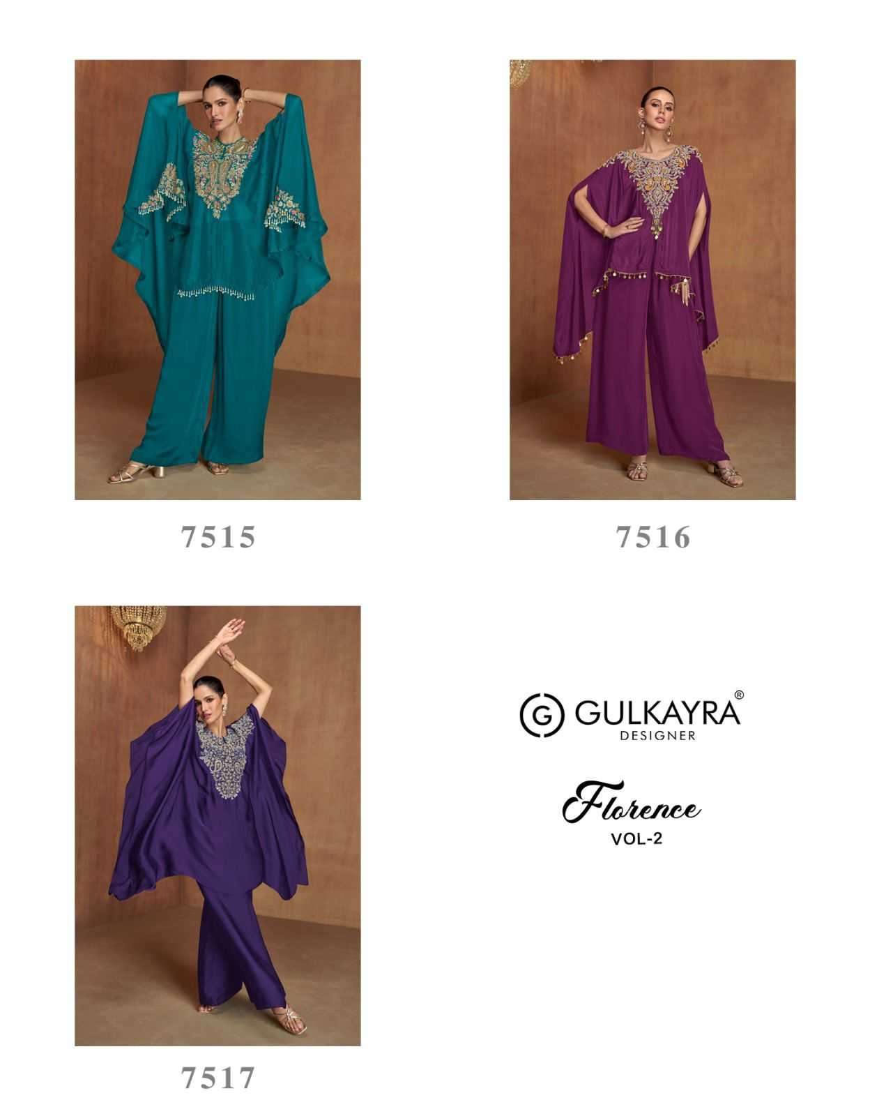 GULKAYRA DESIGNER PRESENTS FLORENCE VOL-2 READYMADE EMBROIDERY SILK PLAZZO STYLE 3PCS DRESS CATALOG WHOLESALER AND EXPORTER 