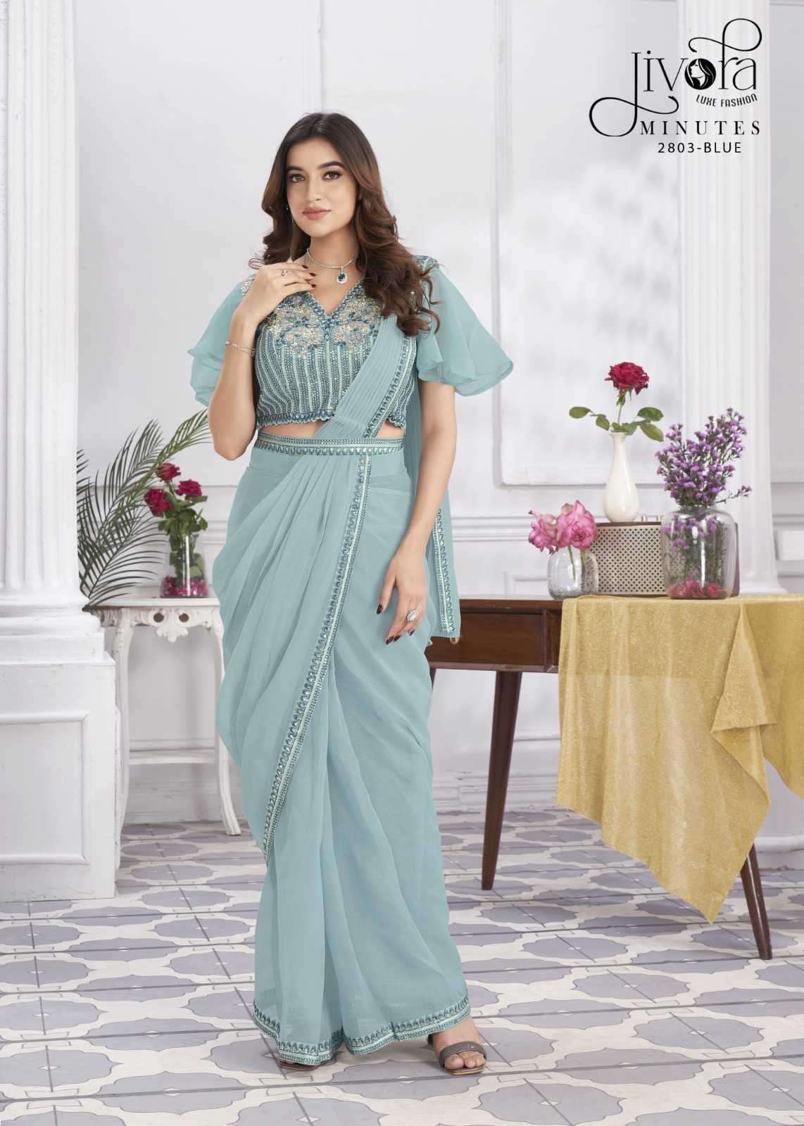 JIVORA PRESENTS MINUTES EXCLUSIVE PREMIUM GEORGETTE EMBROIDERY WORK STYLISH INDIAN DRAPE SAREES