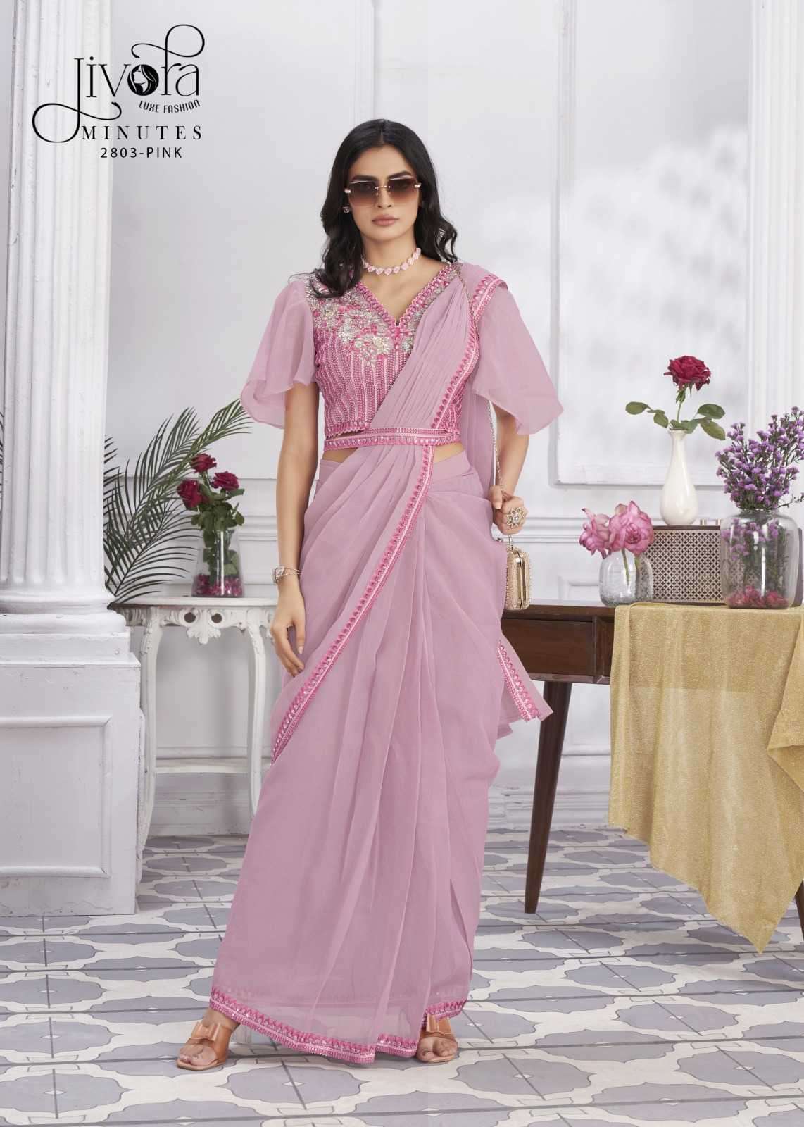 JIVORA PRESENTS MINUTES EXCLUSIVE PREMIUM GEORGETTE EMBROIDERY WORK STYLISH INDIAN DRAPE SAREES