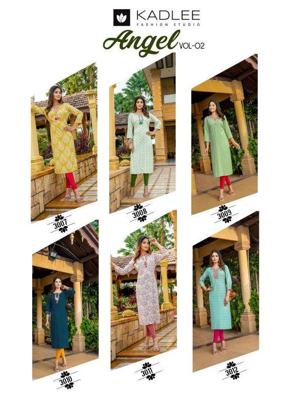 KADLEE PRESENTS ANGEL VOL-2 CASUAL WEAR PRINT RAYON READYMADE KURTIS CATALOG WHOLESALER AND EXPORTER 