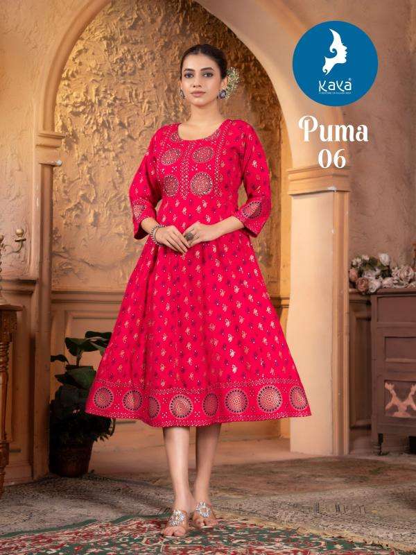 KAYA PRESENTS PUMA FANCY RAYON PRINTED GOWN STYLE KURTIS CATALOG WHOLESALER AND EXPORTER 