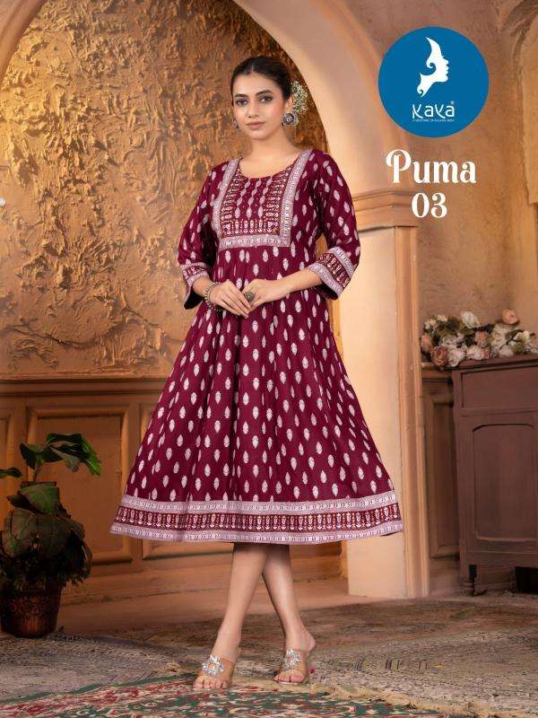 KAYA PRESENTS PUMA FANCY RAYON PRINTED GOWN STYLE KURTIS CATALOG WHOLESALER AND EXPORTER 