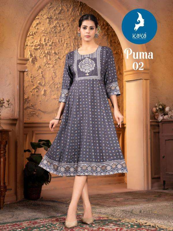 KAYA PRESENTS PUMA FANCY RAYON PRINTED GOWN STYLE KURTIS CATALOG WHOLESALER AND EXPORTER 