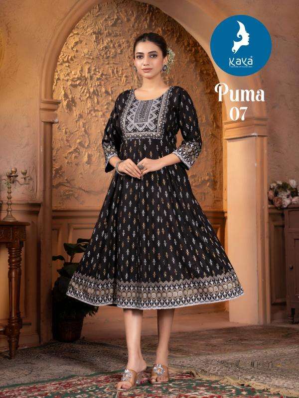 KAYA PRESENTS PUMA FANCY RAYON PRINTED GOWN STYLE KURTIS CATALOG WHOLESALER AND EXPORTER 