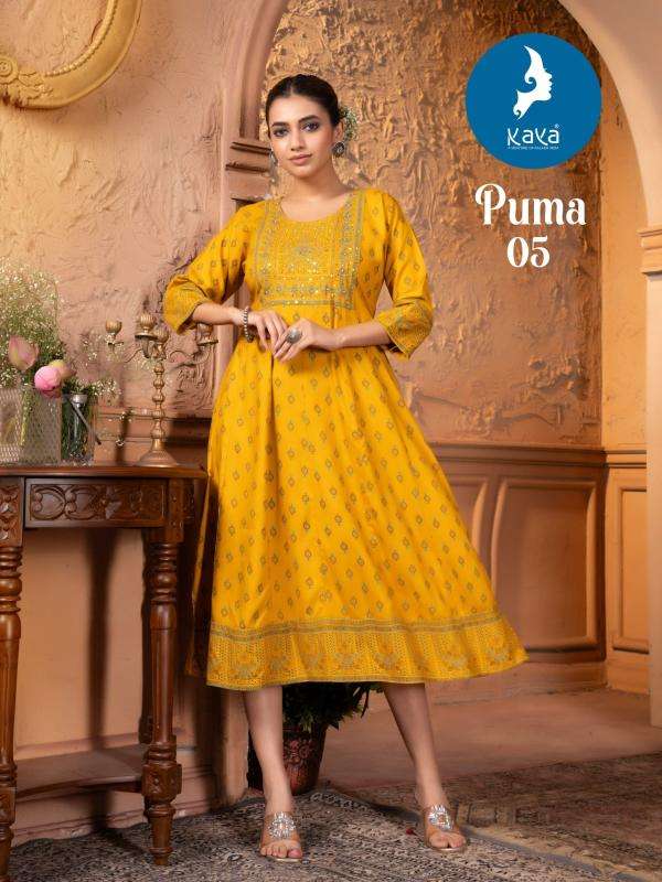 KAYA PRESENTS PUMA FANCY RAYON PRINTED GOWN STYLE KURTIS CATALOG WHOLESALER AND EXPORTER 