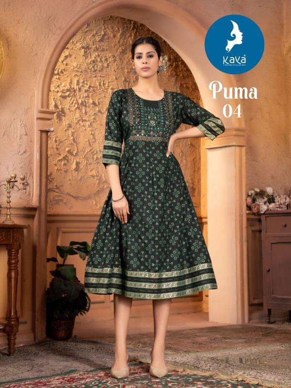 KAYA PRESENTS PUMA FANCY RAYON PRINTED GOWN STYLE KURTIS CATALOG WHOLESALER AND EXPORTER 