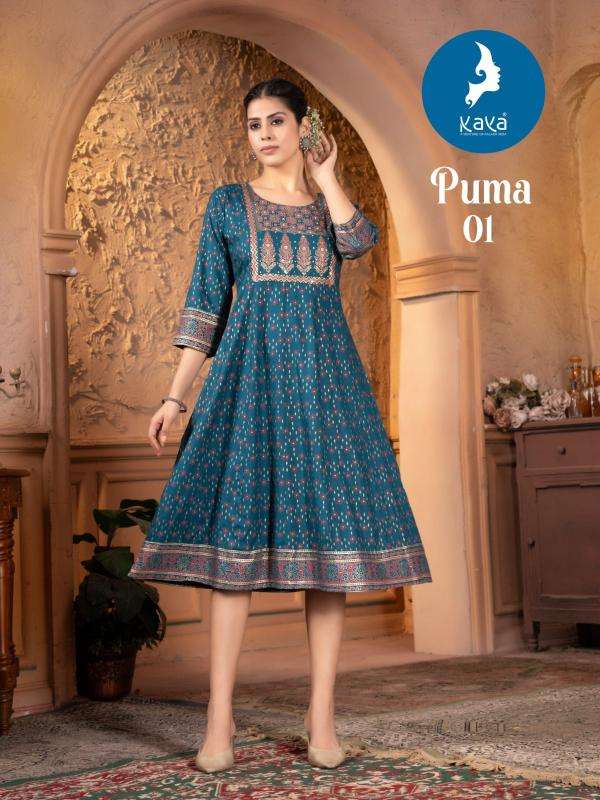 KAYA PRESENTS PUMA FANCY RAYON PRINTED GOWN STYLE KURTIS CATALOG WHOLESALER AND EXPORTER 