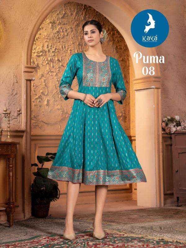 KAYA PRESENTS PUMA FANCY RAYON PRINTED GOWN STYLE KURTIS CATALOG WHOLESALER AND EXPORTER 
