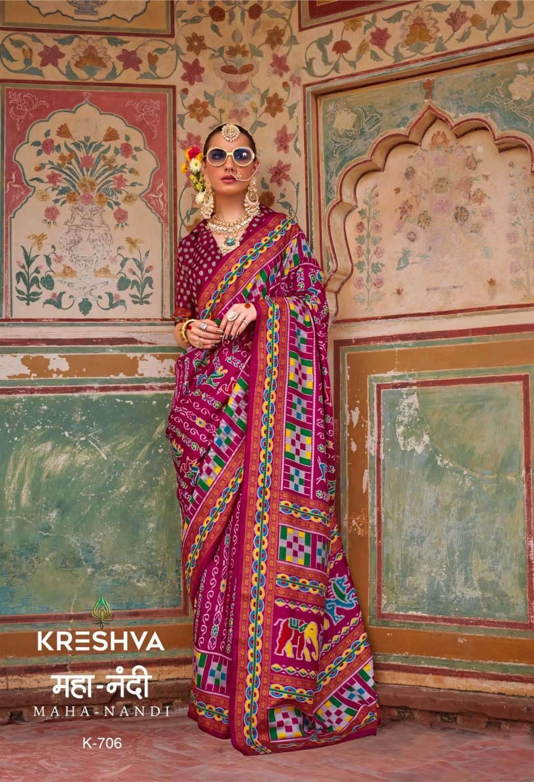 KRESHVA PRESENTS MAHANANDI 701-706 CLASSIC DESIGN MERCERIZER SIGMA SILK WOMEN SAREES CATALOG WHOLESALER AND EXPORTER 