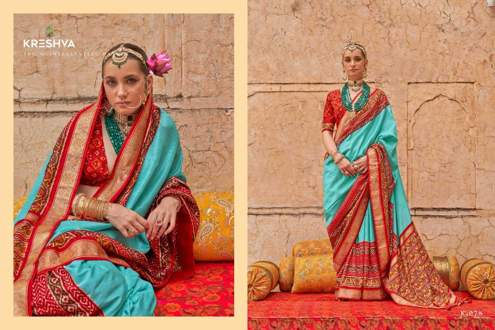 KRESHVA PRESENTS YUG PATOLA LUXURY PRINT VISCOSE SILK WEDDING WEAR DESIGNER SAREES CATALOG WHOLESALER AND EXPORTER 