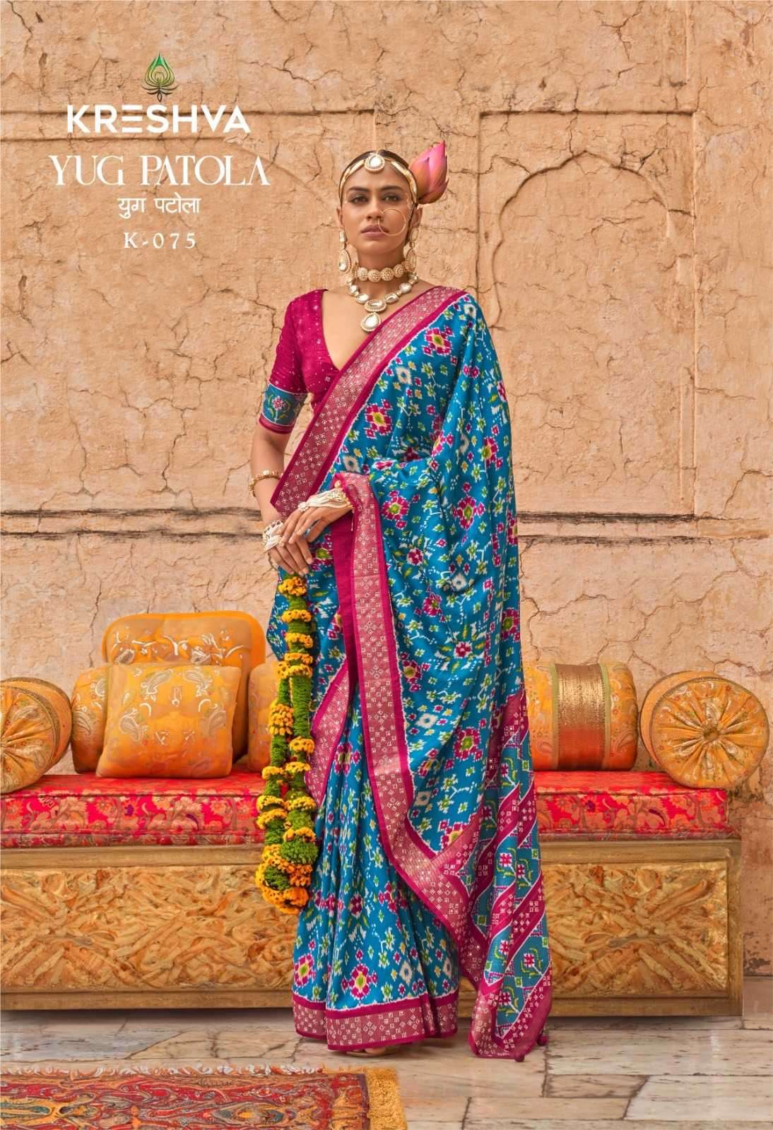 KRESHVA PRESENTS YUG PATOLA LUXURY PRINT VISCOSE SILK WEDDING WEAR DESIGNER SAREES CATALOG WHOLESALER AND EXPORTER 