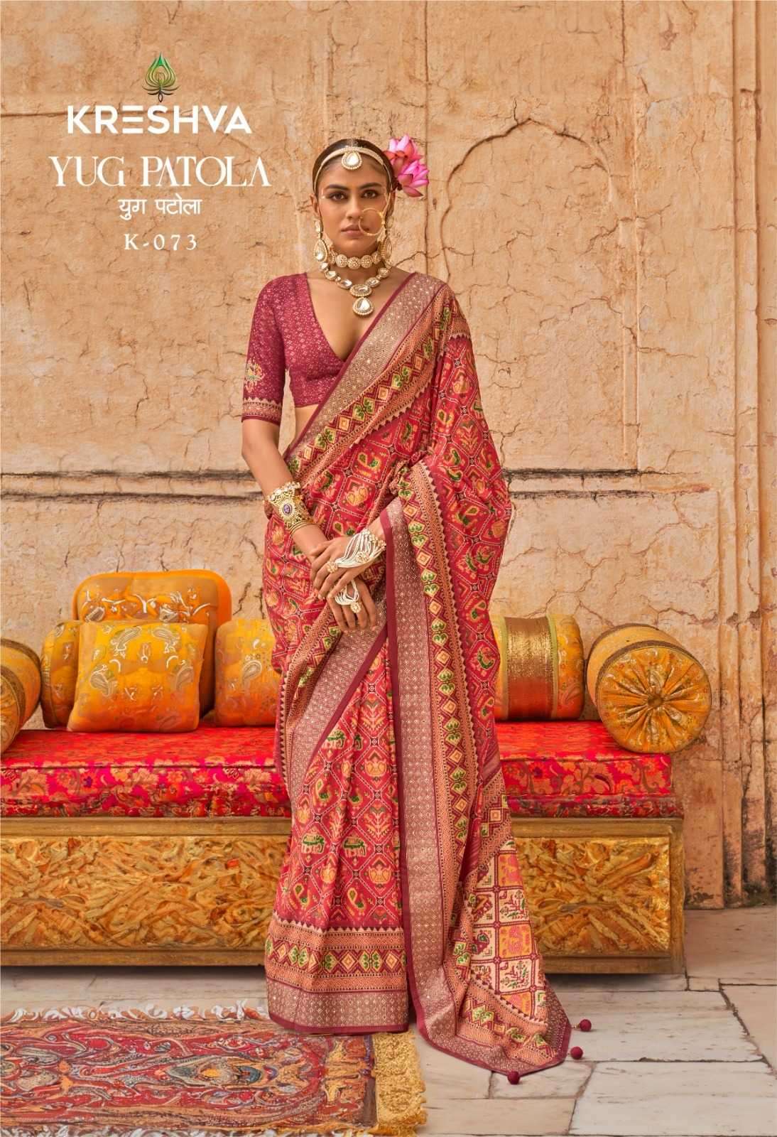 KRESHVA PRESENTS YUG PATOLA LUXURY PRINT VISCOSE SILK WEDDING WEAR DESIGNER SAREES CATALOG WHOLESALER AND EXPORTER 