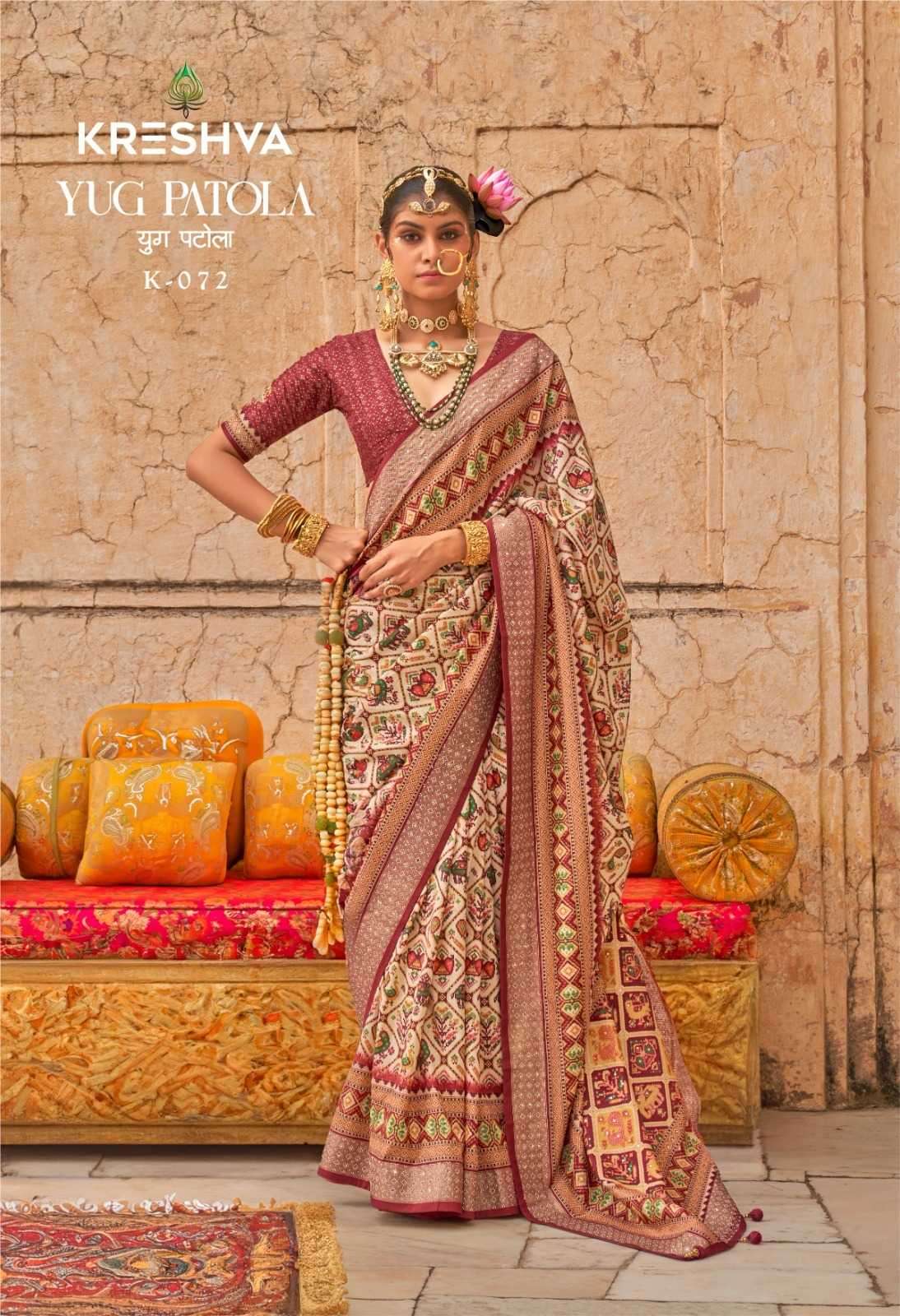 KRESHVA PRESENTS YUG PATOLA LUXURY PRINT VISCOSE SILK WEDDING WEAR DESIGNER SAREES CATALOG WHOLESALER AND EXPORTER 