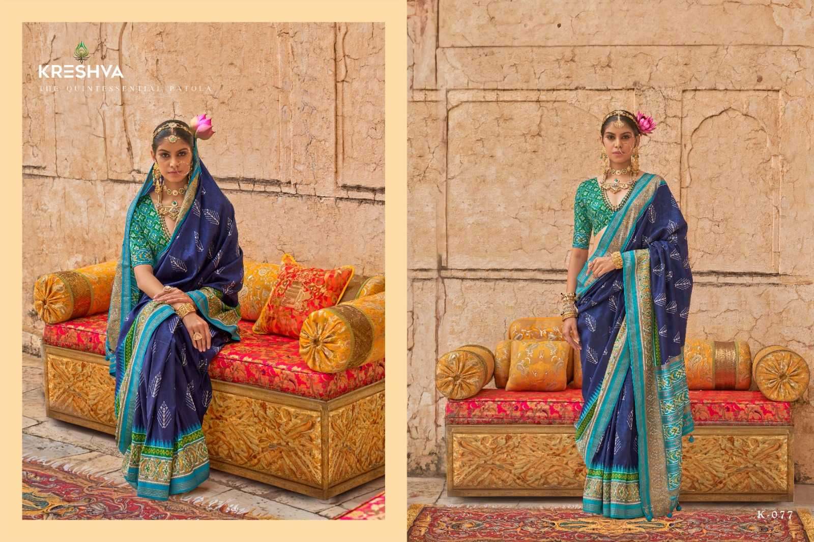 KRESHVA PRESENTS YUG PATOLA LUXURY PRINT VISCOSE SILK WEDDING WEAR DESIGNER SAREES CATALOG WHOLESALER AND EXPORTER 