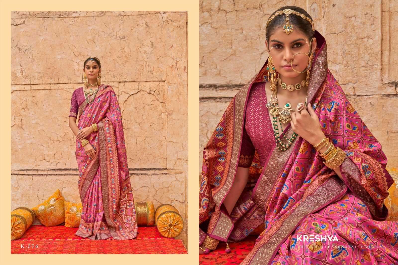 KRESHVA PRESENTS YUG PATOLA LUXURY PRINT VISCOSE SILK WEDDING WEAR DESIGNER SAREES CATALOG WHOLESALER AND EXPORTER 