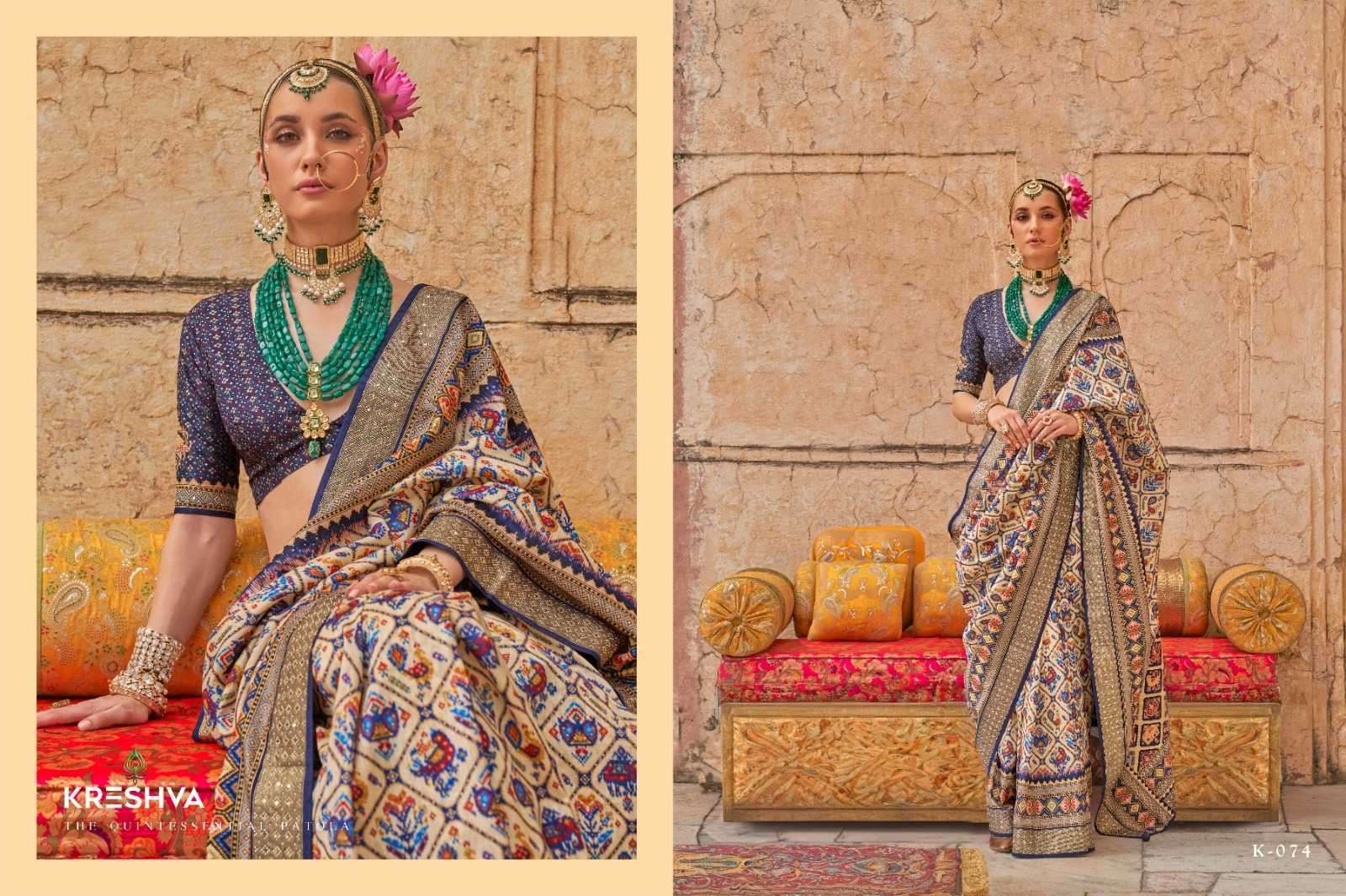 KRESHVA PRESENTS YUG PATOLA LUXURY PRINT VISCOSE SILK WEDDING WEAR DESIGNER SAREES CATALOG WHOLESALER AND EXPORTER 
