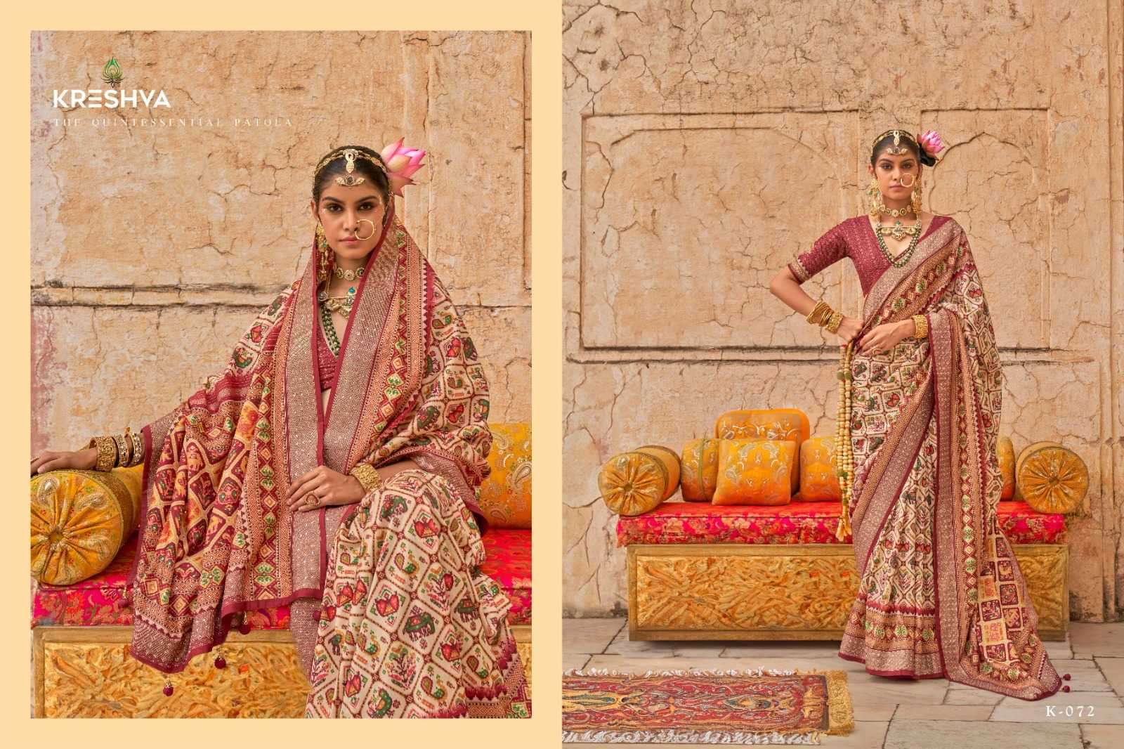 KRESHVA PRESENTS YUG PATOLA LUXURY PRINT VISCOSE SILK WEDDING WEAR DESIGNER SAREES CATALOG WHOLESALER AND EXPORTER 