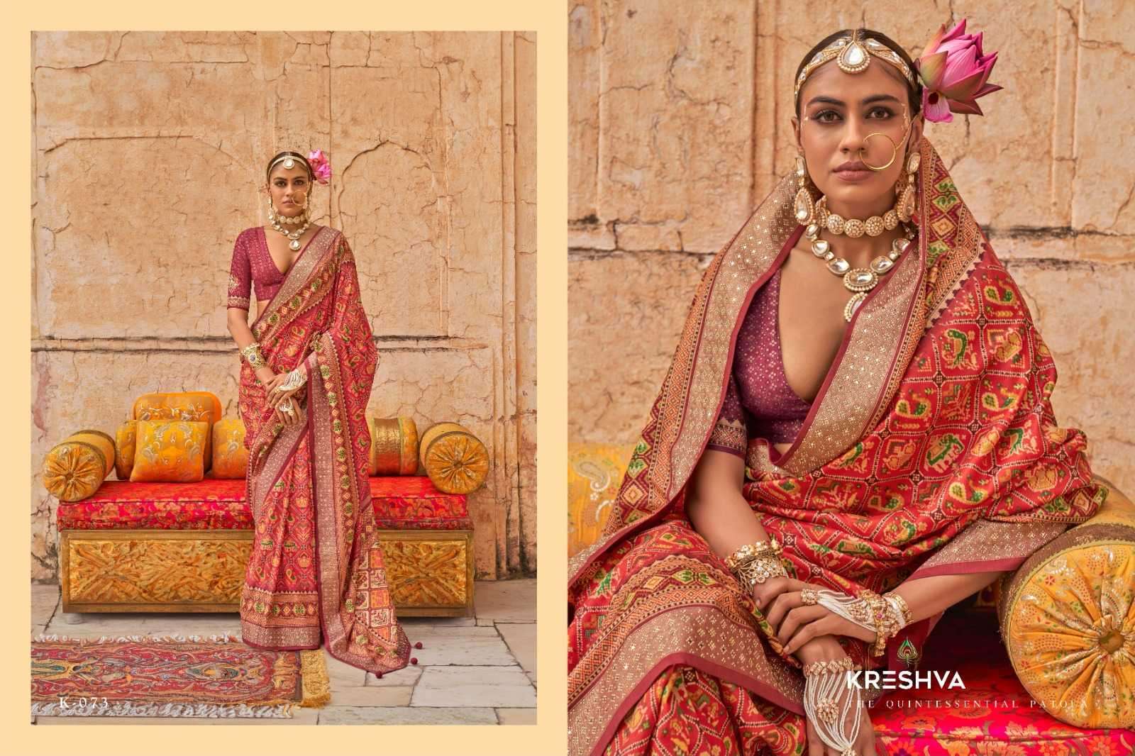 KRESHVA PRESENTS YUG PATOLA LUXURY PRINT VISCOSE SILK WEDDING WEAR DESIGNER SAREES CATALOG WHOLESALER AND EXPORTER 