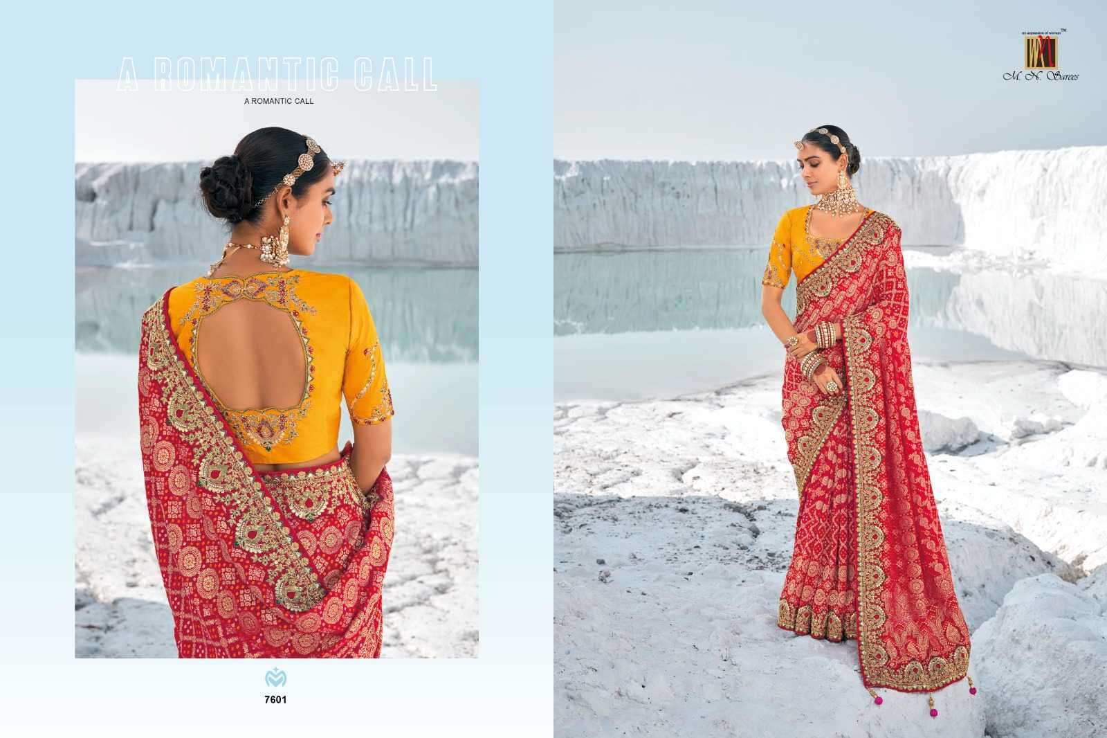 MN PRESENTS SHAHI POSHAK VOL-1 7601-7609 GEORGETTE BANDHANI PATOLA SAREES CATALOG WHOLESALER AND EXPORTER 