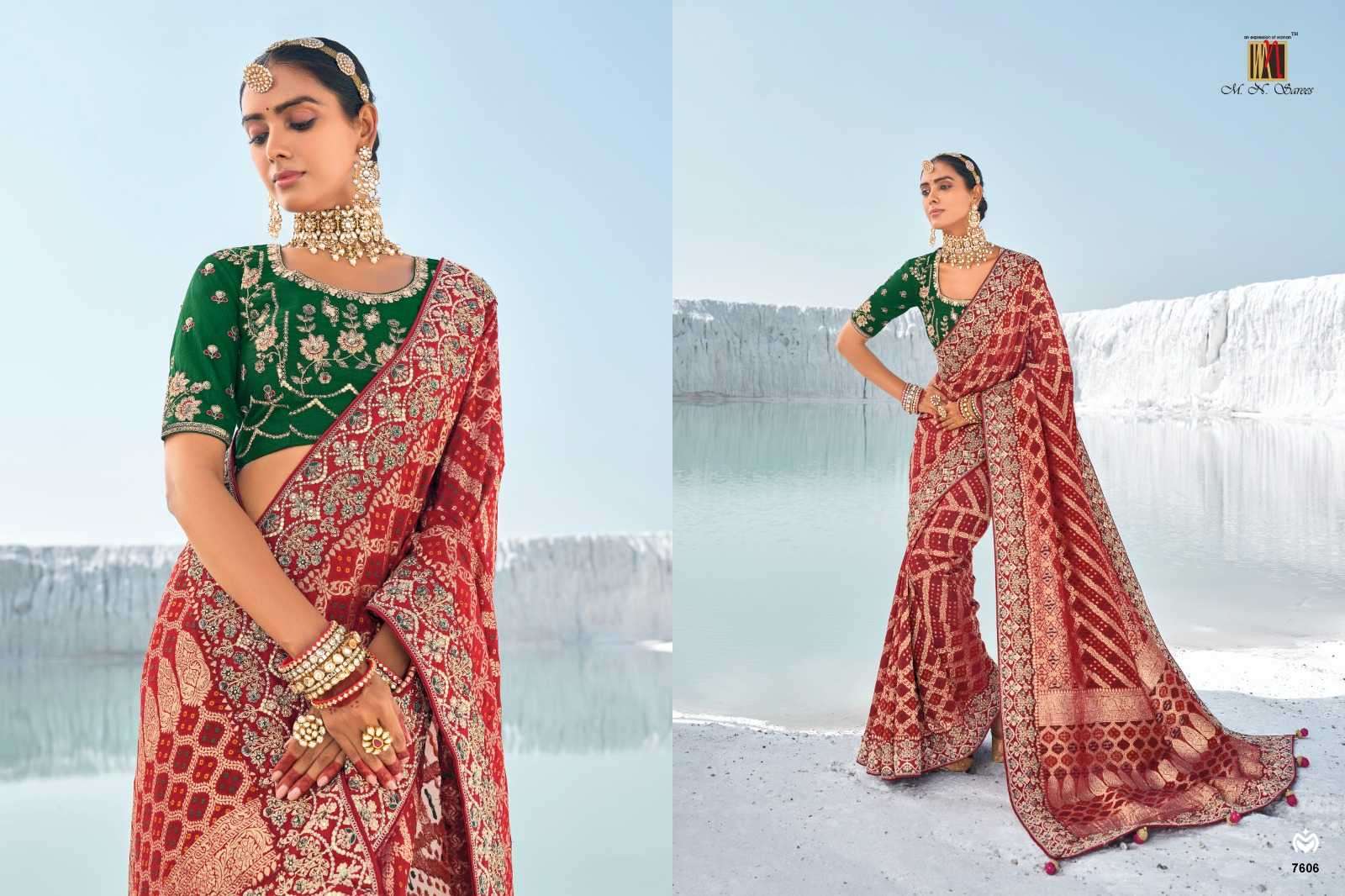 MN PRESENTS SHAHI POSHAK VOL-1 7601-7609 GEORGETTE BANDHANI PATOLA SAREES CATALOG WHOLESALER AND EXPORTER 