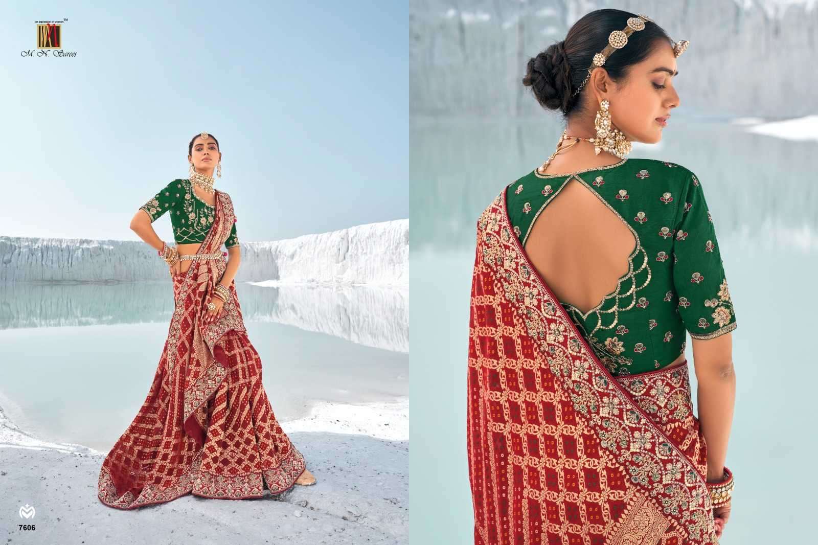 MN PRESENTS SHAHI POSHAK VOL-1 7601-7609 GEORGETTE BANDHANI PATOLA SAREES CATALOG WHOLESALER AND EXPORTER 