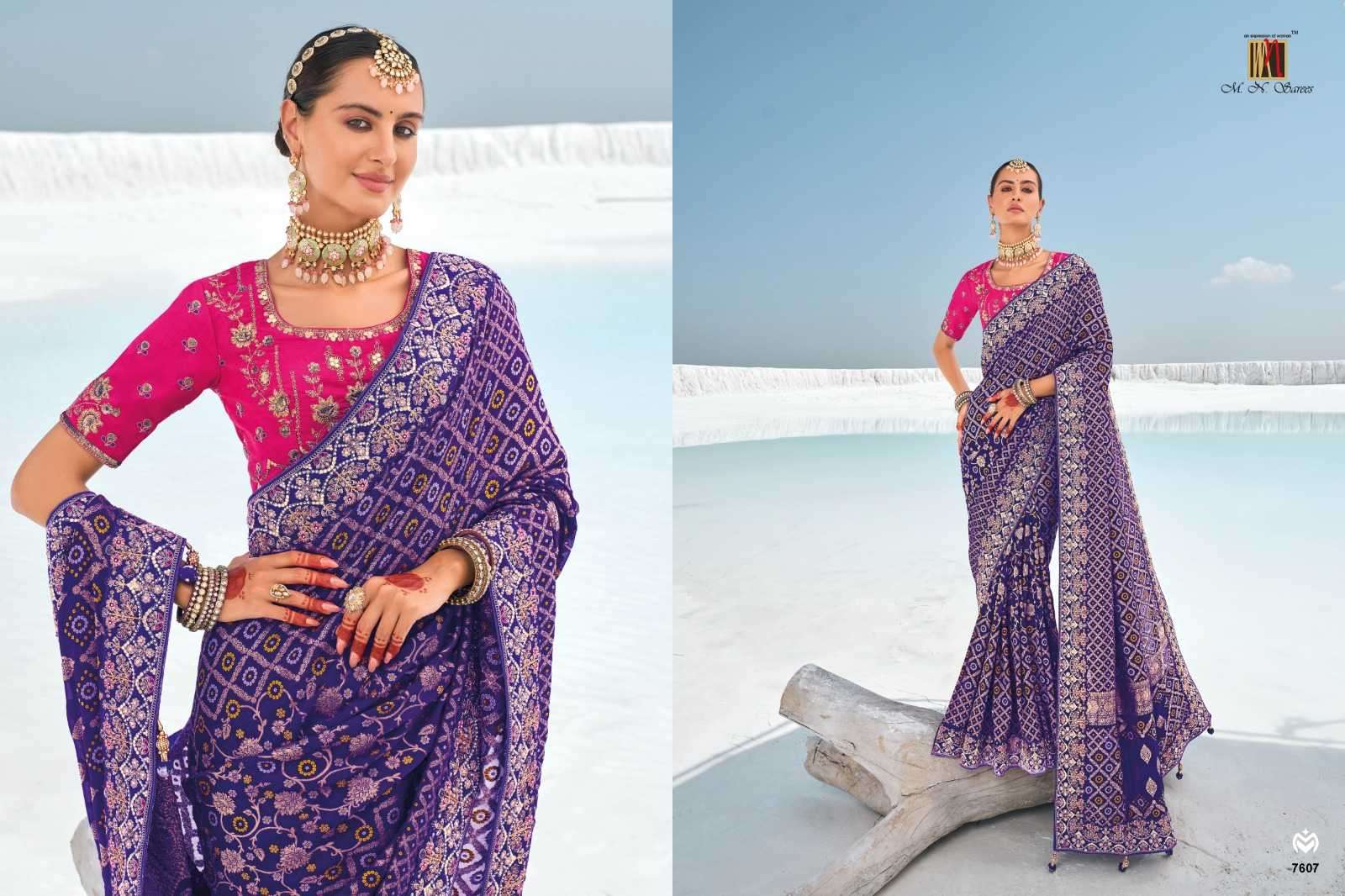 MN PRESENTS SHAHI POSHAK VOL-1 7601-7609 GEORGETTE BANDHANI PATOLA SAREES CATALOG WHOLESALER AND EXPORTER 