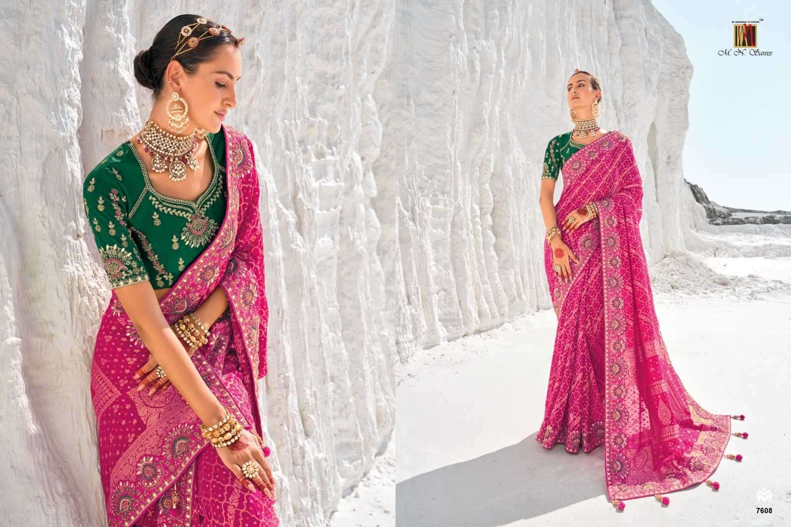 MN PRESENTS SHAHI POSHAK VOL-1 7601-7609 GEORGETTE BANDHANI PATOLA SAREES CATALOG WHOLESALER AND EXPORTER 