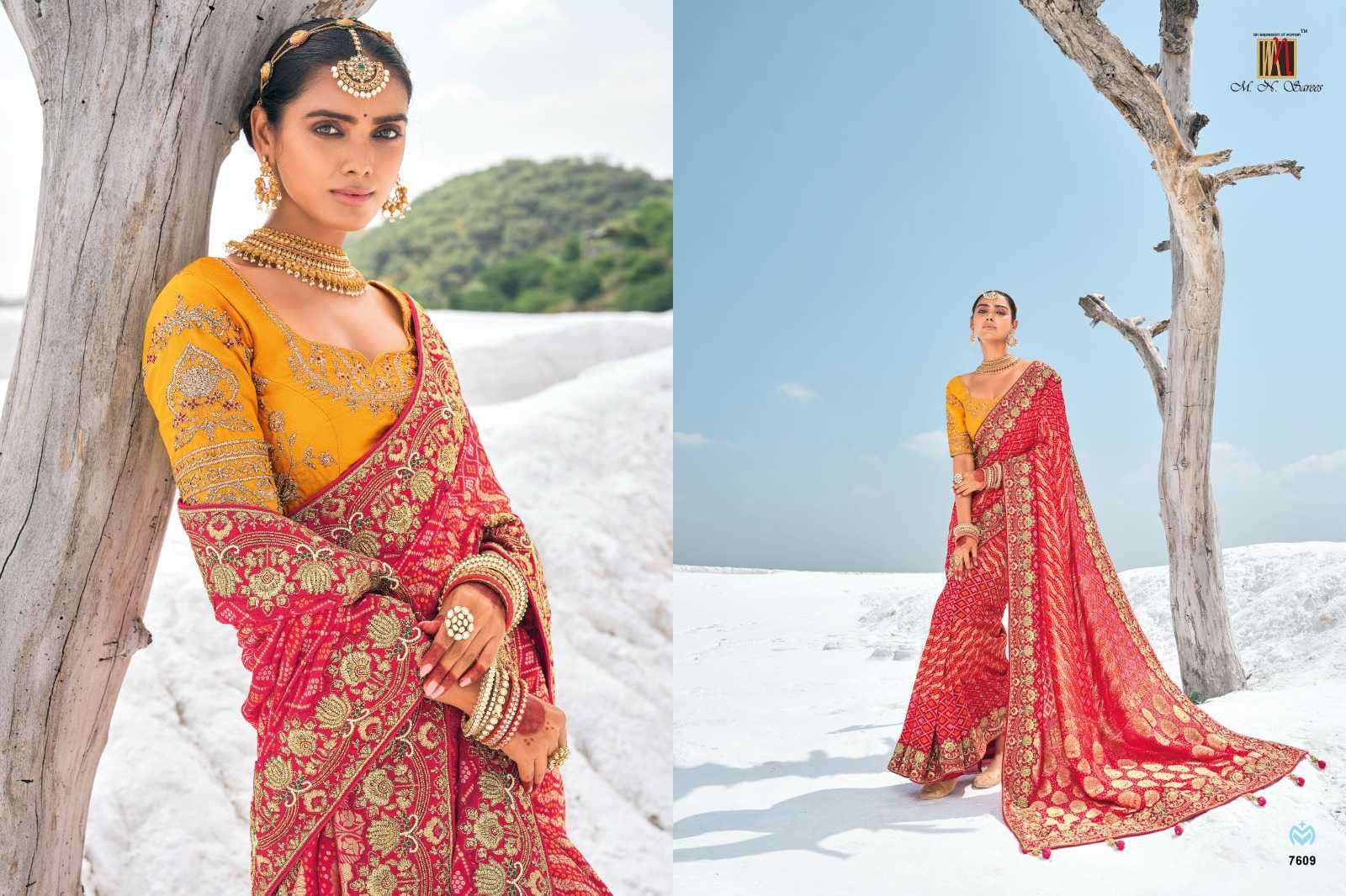 MN PRESENTS SHAHI POSHAK VOL-1 7601-7609 GEORGETTE BANDHANI PATOLA SAREES CATALOG WHOLESALER AND EXPORTER 