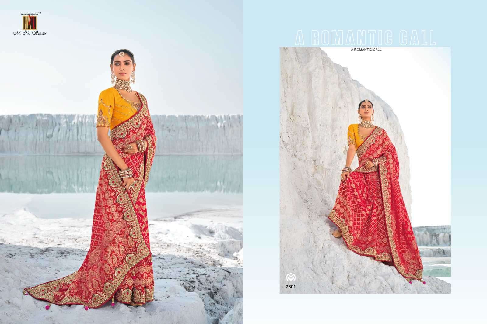 MN PRESENTS SHAHI POSHAK VOL-1 7601-7609 GEORGETTE BANDHANI PATOLA SAREES CATALOG WHOLESALER AND EXPORTER 
