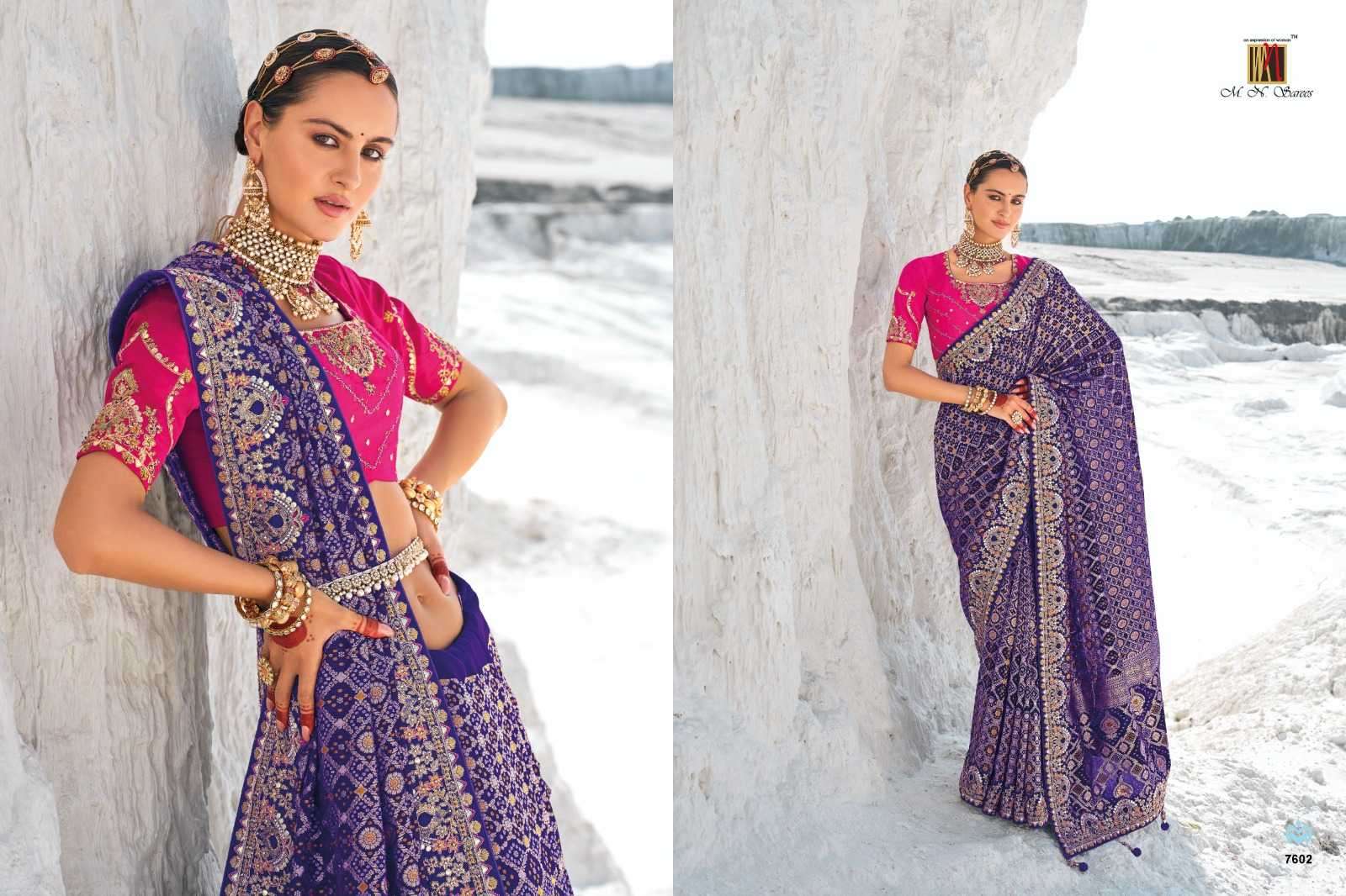 MN PRESENTS SHAHI POSHAK VOL-1 7601-7609 GEORGETTE BANDHANI PATOLA SAREES CATALOG WHOLESALER AND EXPORTER 