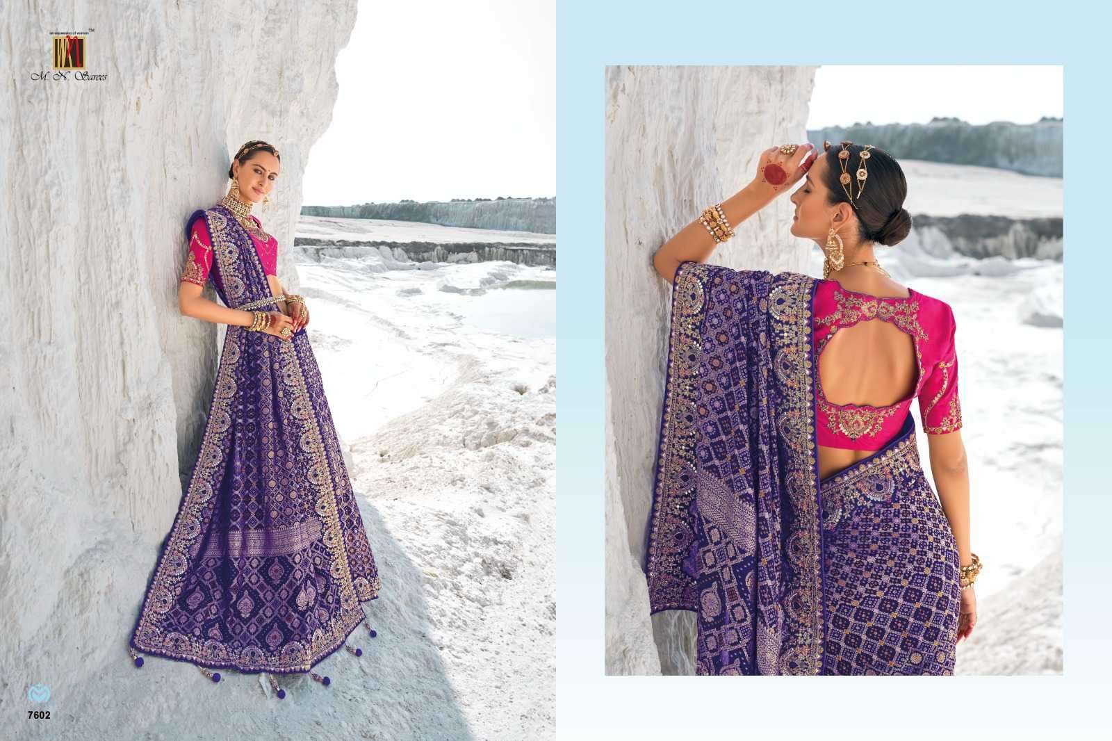MN PRESENTS SHAHI POSHAK VOL-1 7601-7609 GEORGETTE BANDHANI PATOLA SAREES CATALOG WHOLESALER AND EXPORTER 