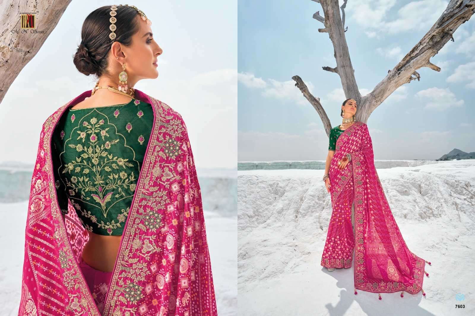 MN PRESENTS SHAHI POSHAK VOL-1 7601-7609 GEORGETTE BANDHANI PATOLA SAREES CATALOG WHOLESALER AND EXPORTER 