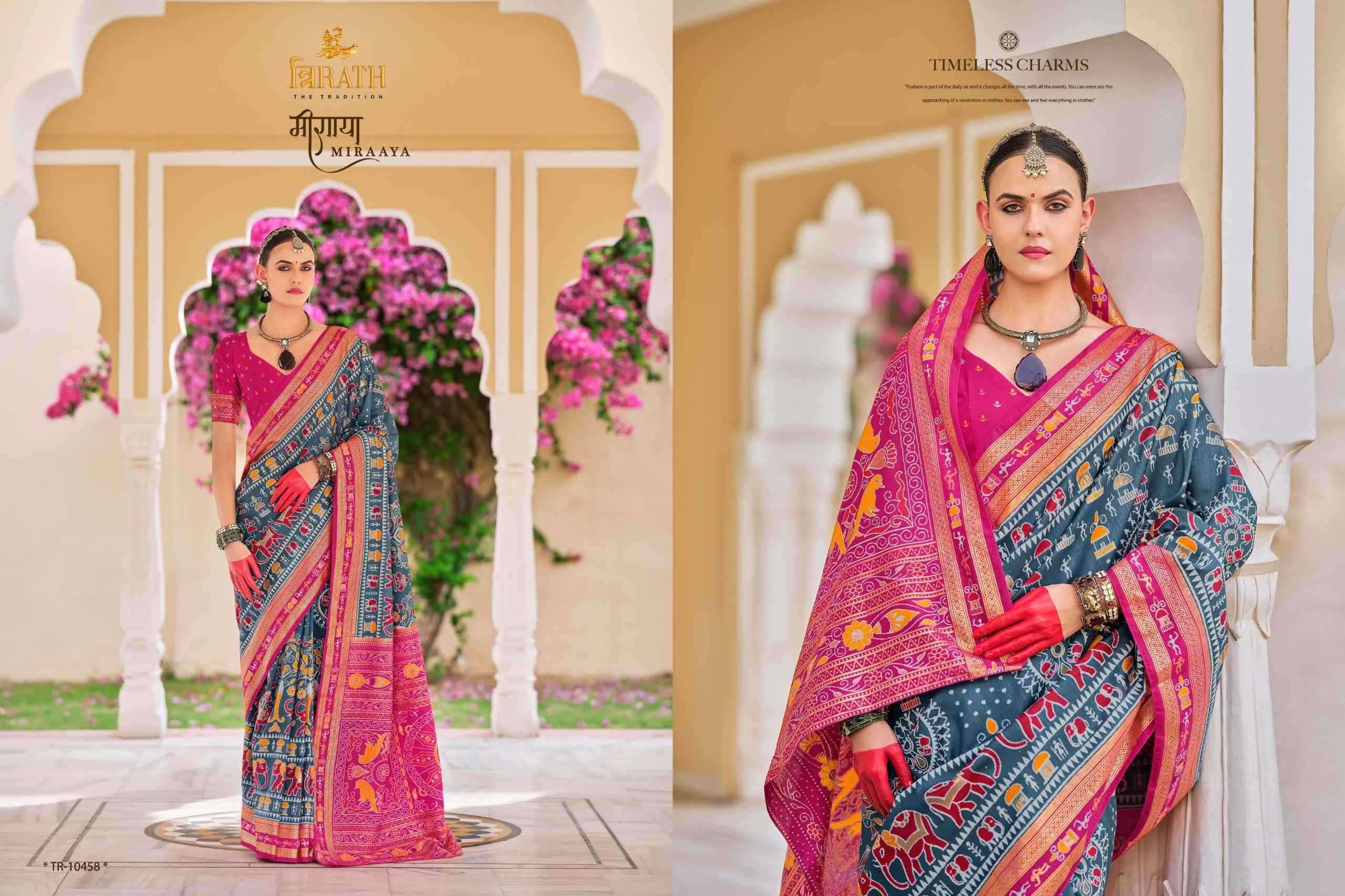 TRIRATH PRESENTS MIRAAYA TRADITIONAL PRINT MERCERIZER SIGMA SILK UNIQUE SAREES CATALOG WHOLESALER AND EXPORTER 
