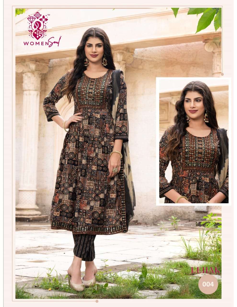 WOMAN SOUL PRESENTS LEHAK VOL-1 DESIGNER FOIL PRINTED NAYRA CUT KURTIS CATALOG WHOLESALER AND EXPORTER 