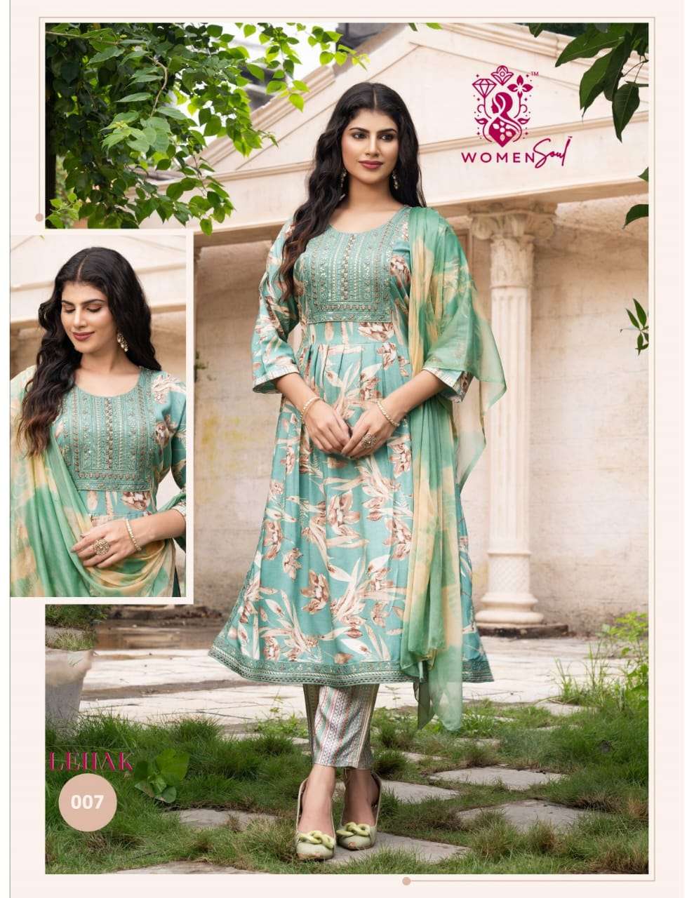 WOMAN SOUL PRESENTS LEHAK VOL-1 DESIGNER FOIL PRINTED NAYRA CUT KURTIS CATALOG WHOLESALER AND EXPORTER 